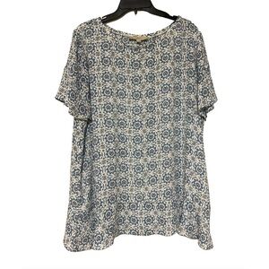 LOFT Ditsy Floral Mandala Cross Over Back Tunic Length Short Sleeve - Size XL